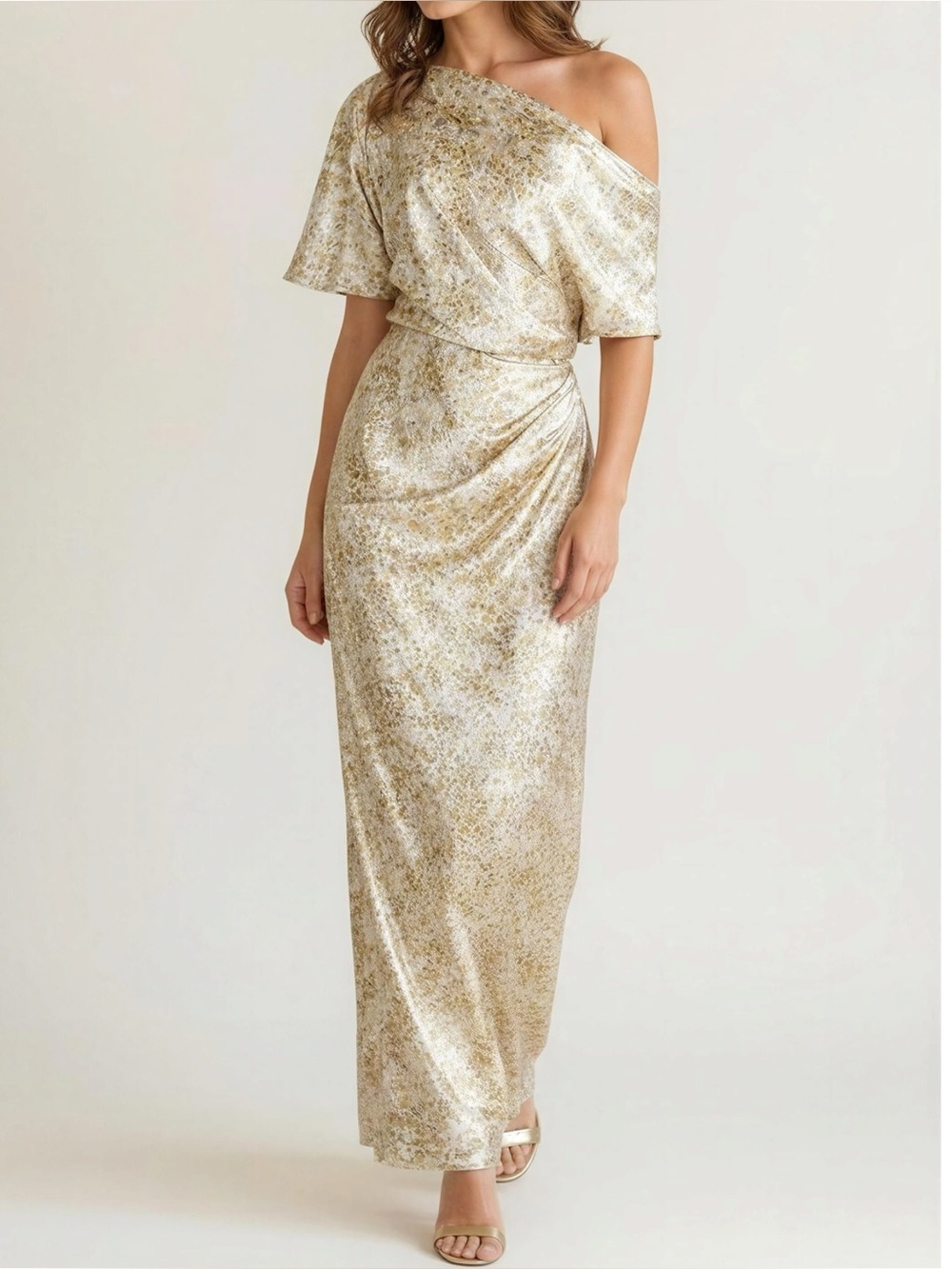 AFTER SIX Nathalie 6901 Asymmetrical Off-The-Shoulder Satin Gown, Gold Floral, S